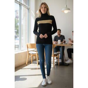 Lauren Ralph Lauren Womens S/P Black Gold Stripe Mock Neck Button Sweater Chic